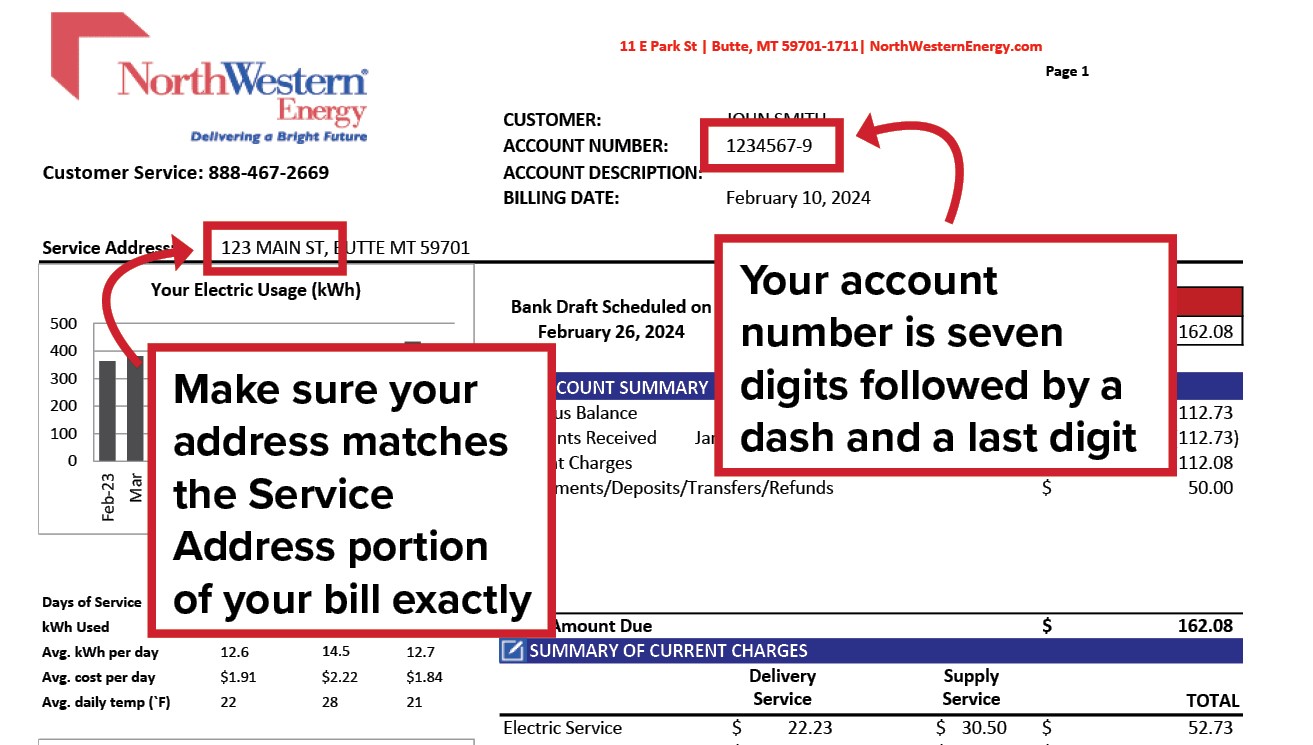 How do I find my account number or service address on my bill?